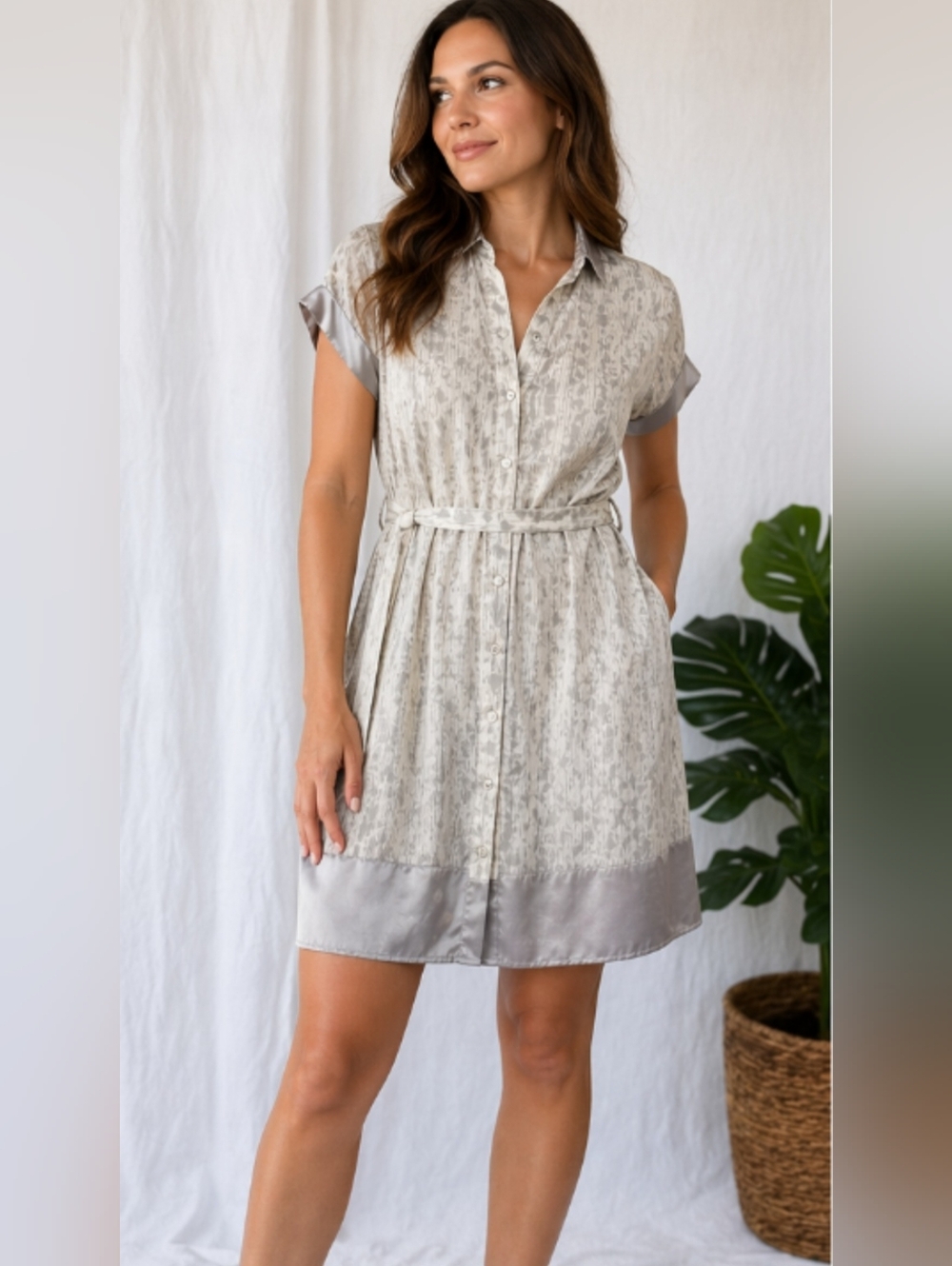 Lole Shirt Dress Gray Ivory Belted Button Front Size L